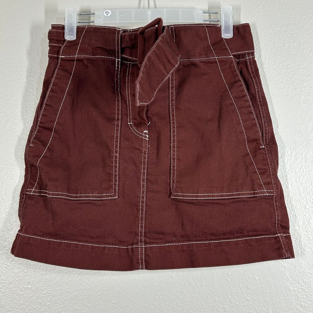 GB Skirt Womens S Burgundy Contrast Stitch Patch Pocket Mini Skirt High Waist